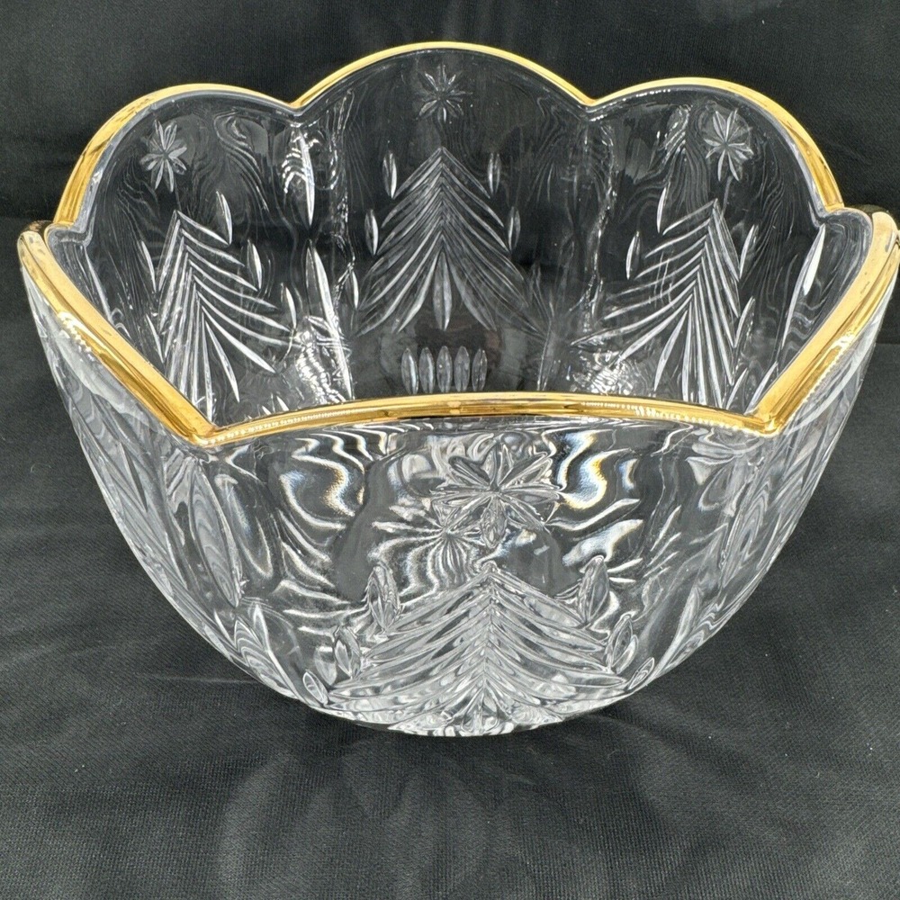 Crystal Bowl Candy Dish MIKASA Cut Glass Christmas Tree Gold Trimmed 7.75" D